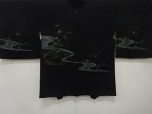 漆　流水に竹笹模様織り出し　一つ紋　絵羽織